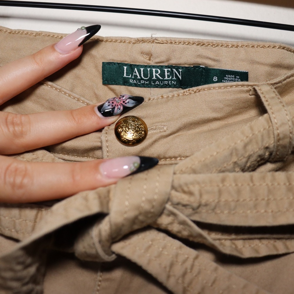 Lauren Ralph Lauren Khaki Wide Leg Cropped Pants Tie Waist Tan Size 8 - Picture 2 of 5